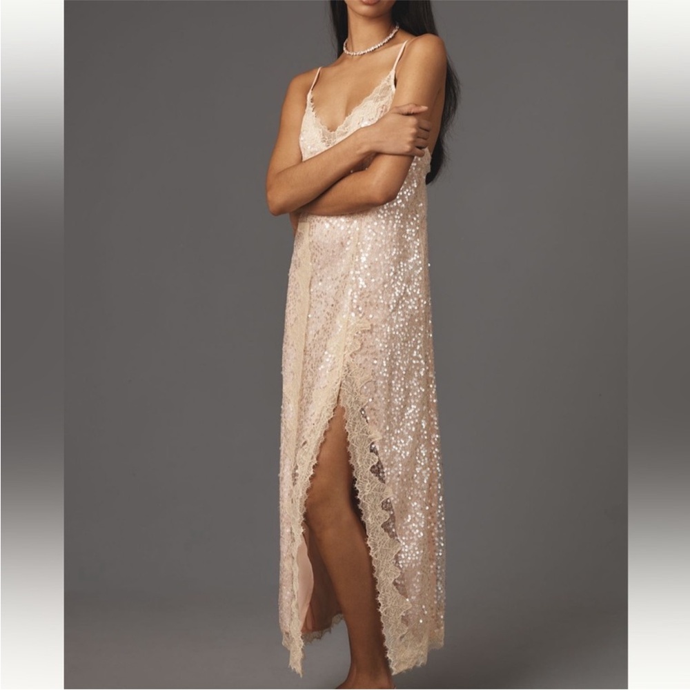 Anthropologie En Elly Sleeveless V-Neck Lace Sequin Slip Midi Dress